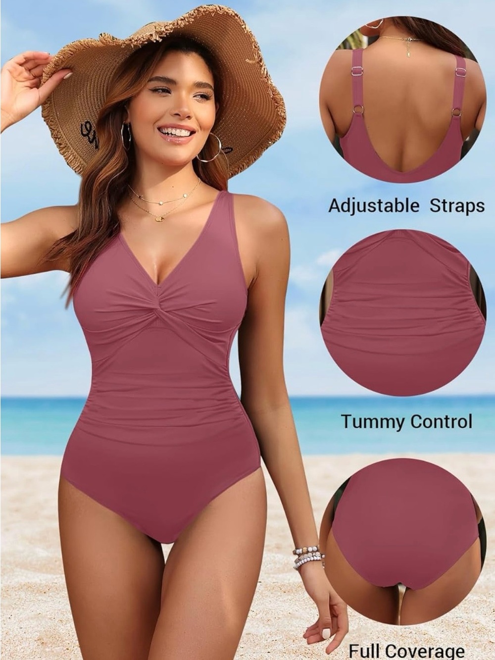 Deep V Mauve One-Piece Swimsuit with Tummy Control